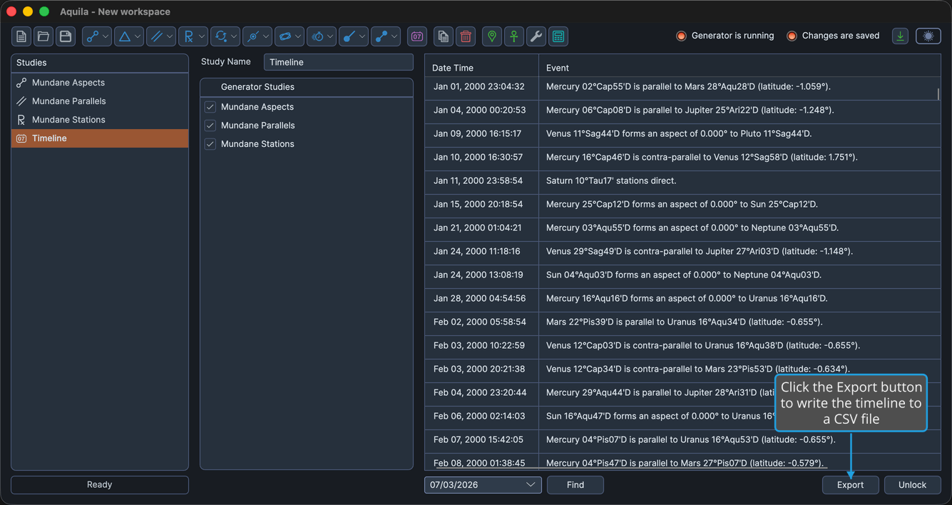 A loaded Timeline Study showing the Export button.