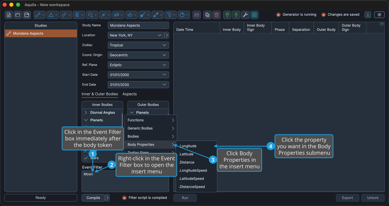 An unlocked study, with the Event Filter box holding an expression, right-clicked so the insert menu is open and its Body Properties submenu cascaded out.