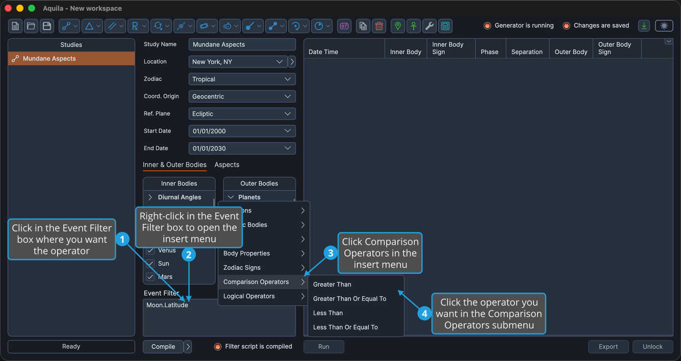An unlocked study, with the Event Filter box holding an expression, right-clicked so the insert menu is open and its Comparison Operators submenu cascaded out.