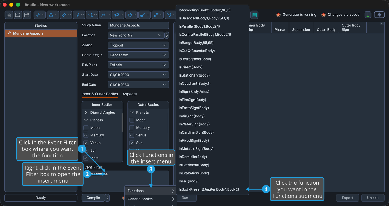 An unlocked study, with the Event Filter box holding an expression, right-clicked so the insert menu is open and its Functions submenu cascaded out.