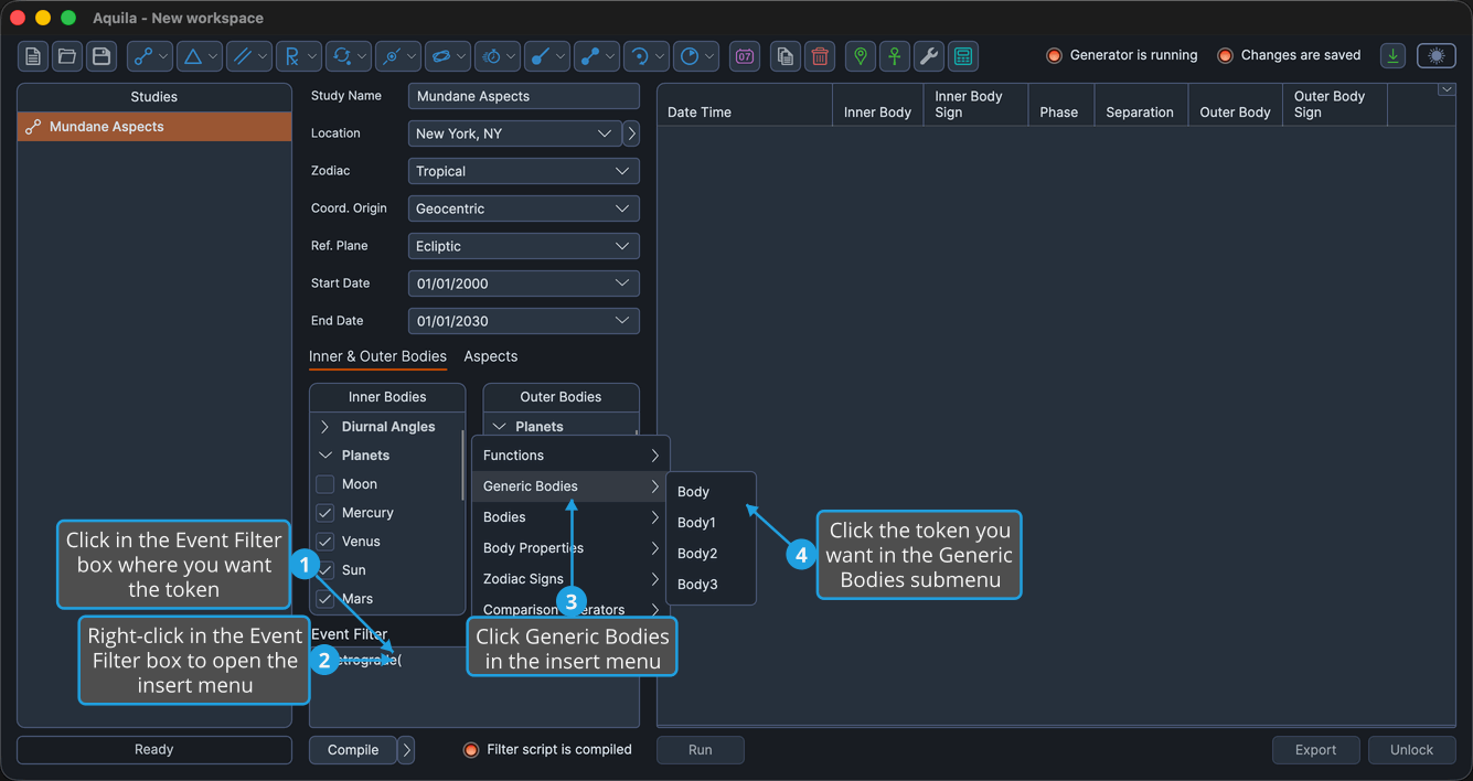 An unlocked study with the Event Filter box right-clicked, the insert menu open and its Generic Bodies submenu showing Body, Body1, Body2 and Body3.