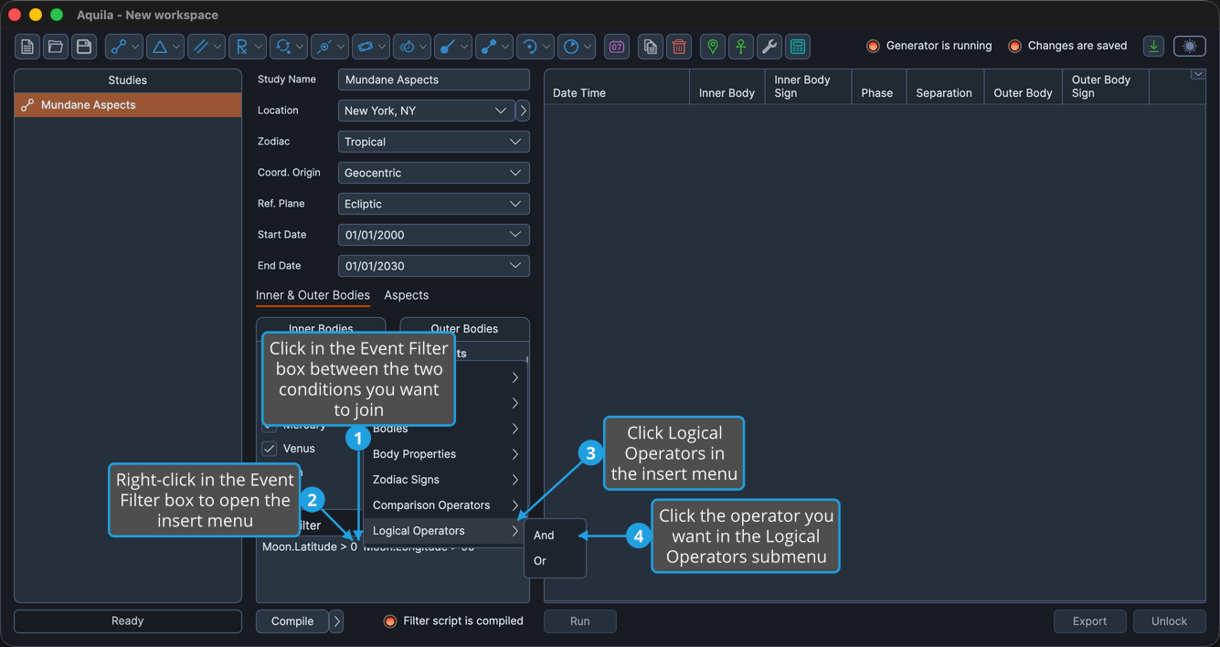 An unlocked study, with the Event Filter box holding an expression, right-clicked so the insert menu is open and its Logical Operators submenu cascaded out.