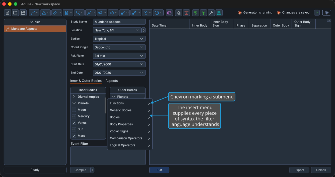 An unlocked study, with the Event Filter box right-clicked so the insert menu is open showing its seven submenu items.