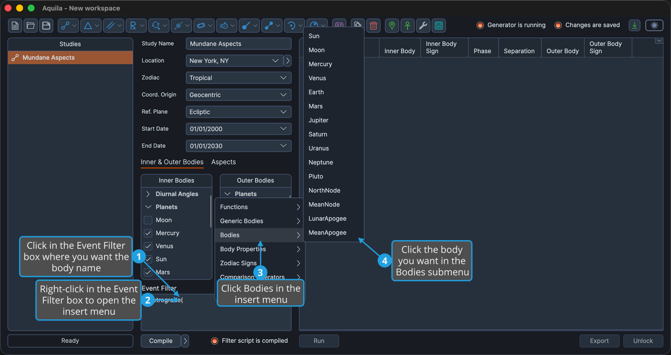 An unlocked study, with the Event Filter box holding an expression, right-clicked so the insert menu is open and its Bodies submenu cascaded out.