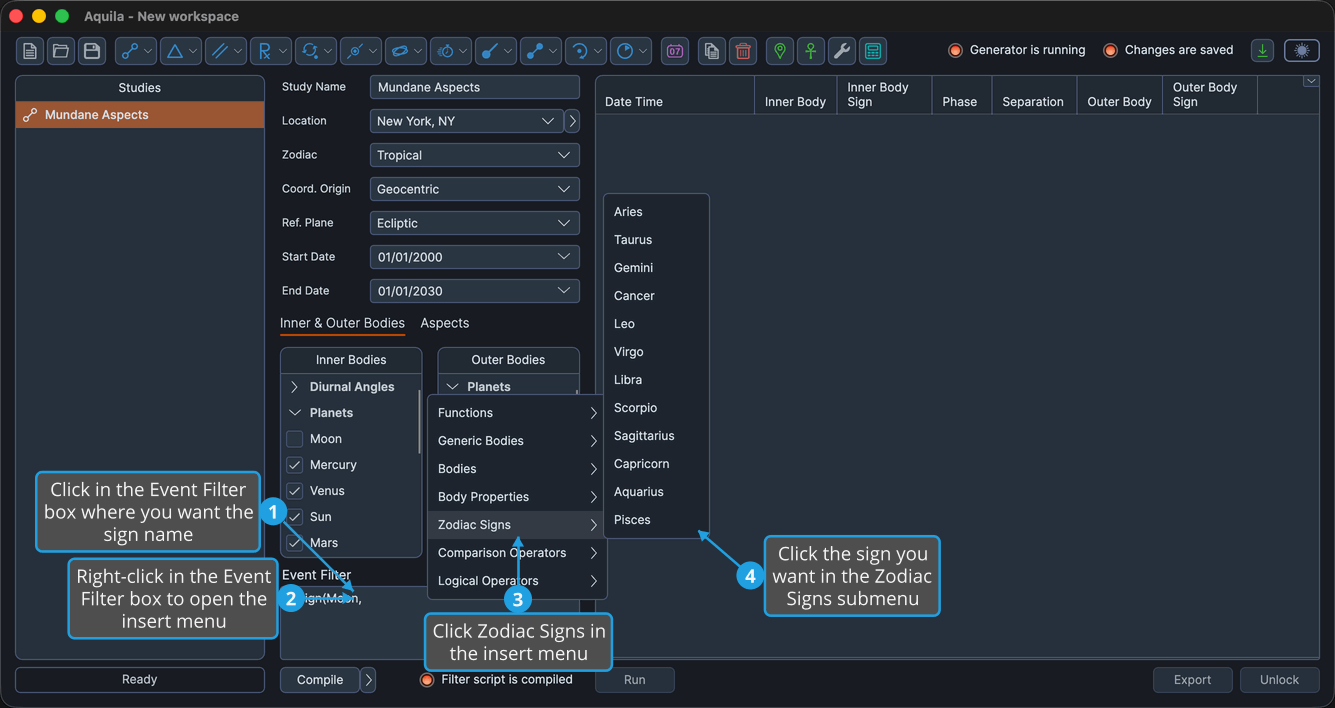 An unlocked study, with the Event Filter box holding an expression, right-clicked so the insert menu is open and its Zodiac Signs submenu cascaded out.