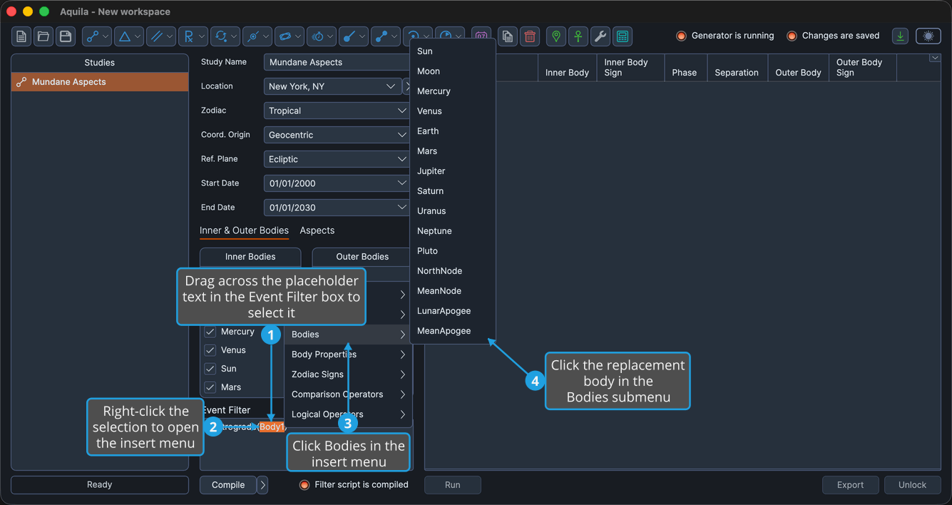 An unlocked study, with the Event Filter box holding an IsRetrograde expression whose Body1 placeholder is highlighted, and the insert menu open.