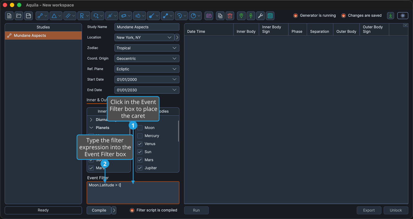 An unlocked study with the Event Filter box at the bottom of the settings column focused and holding a short expression such as Moon.Latitude > 0.