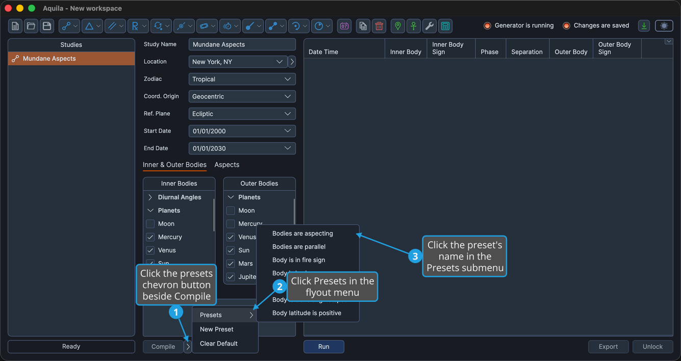 An unlocked study, with the presets chevron button beside the Compile button clicked so the flyout is open and the Presets submenu cascaded out.