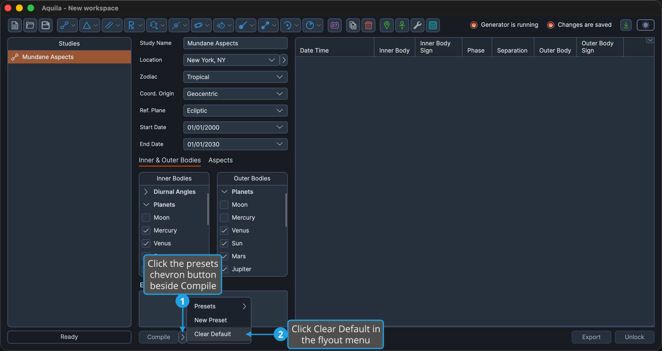 An unlocked study, with the presets chevron button beside the Compile button clicked so the flyout is open, showing Presets, New Preset and Clear Default, with Clear Default highlighted.