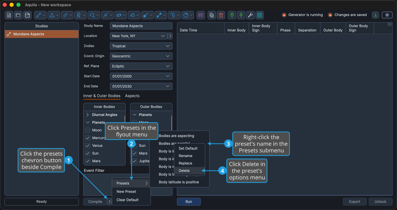 An unlocked study, with the presets chevron button beside the Compile button clicked so the flyout is open, the Presets submenu cascaded out, and a saved preset's name right-clicked inside that submenu, with Delete highlighted.