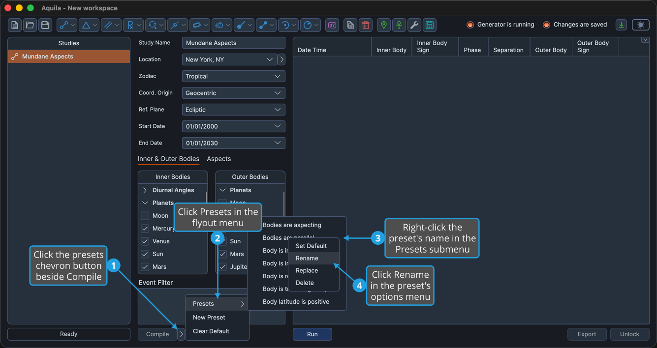 An unlocked study, with the presets chevron button beside the Compile button clicked so the flyout is open, the Presets submenu cascaded out, and a saved preset's name right-clicked inside that submenu, with Rename highlighted.