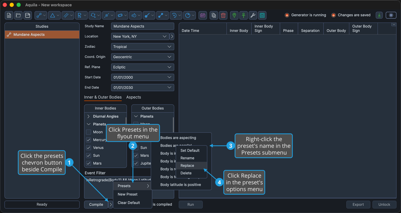 An unlocked study, with the presets chevron button beside the Compile button clicked so the flyout is open, the Presets submenu cascaded out, and a saved preset's name right-clicked inside that submenu, with Replace highlighted.