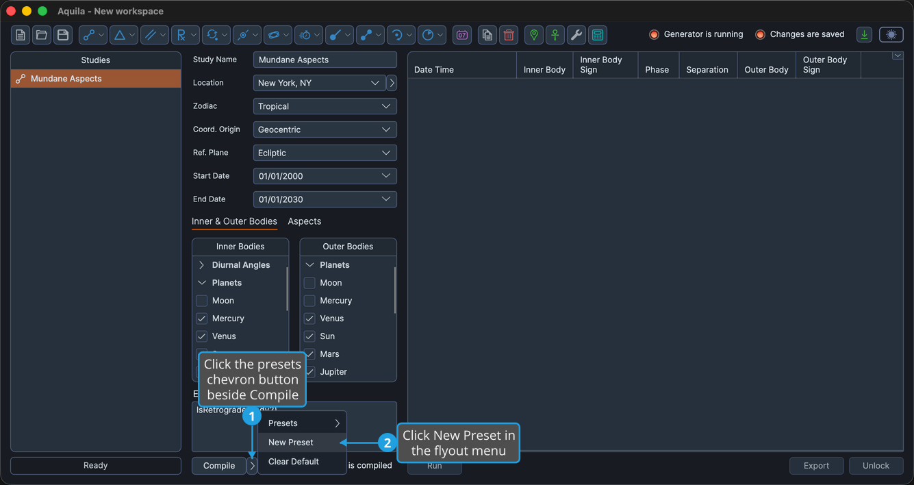 An unlocked study, with the presets chevron button beside the Compile button clicked so the flyout is open, showing Presets, New Preset and Clear Default, with New Preset highlighted.