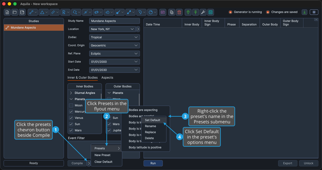 An unlocked study, with the presets chevron button beside the Compile button clicked so the flyout is open, the Presets submenu cascaded out, and a saved preset's name right-clicked inside that submenu, with Set Default highlighted.