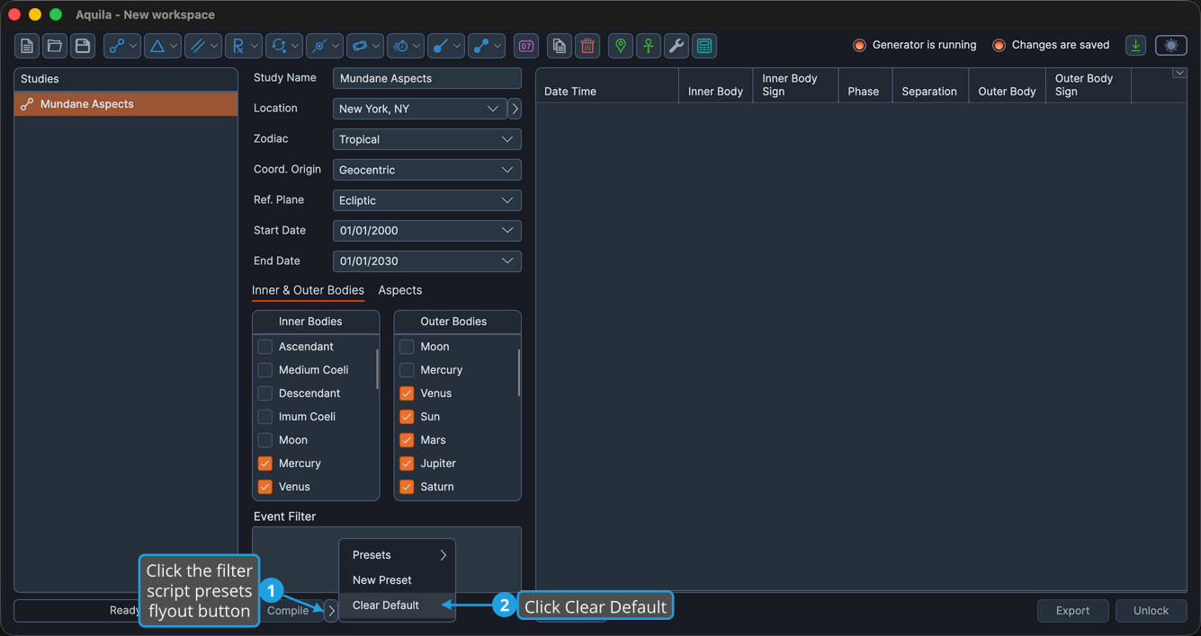 The filter script preset menu open showing the Clear Default command.