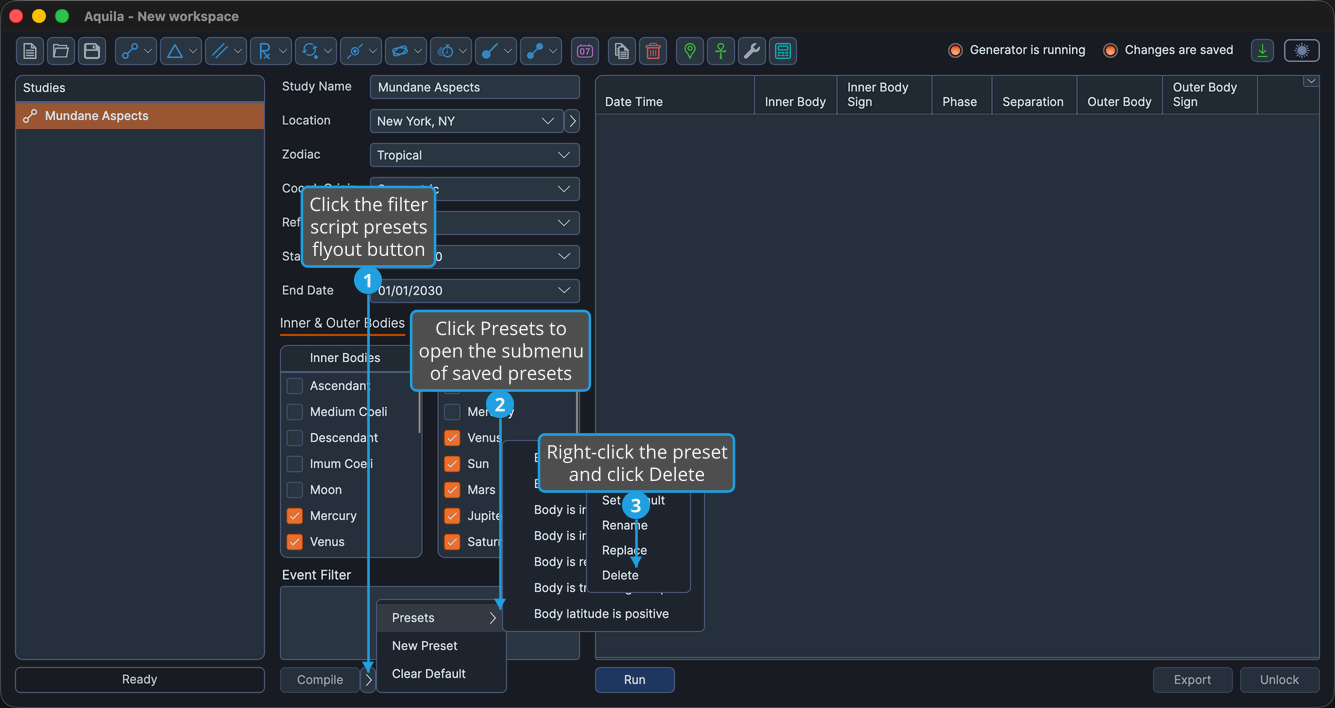 The saved-preset right-click context menu open, showing the Set Default, Rename, Replace, and Delete commands.