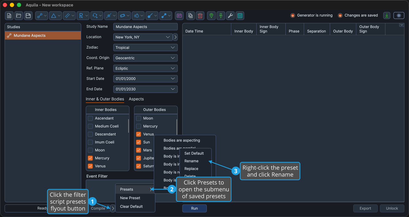 The saved-preset right-click context menu open, showing the Set Default, Rename, Replace, and Delete commands.