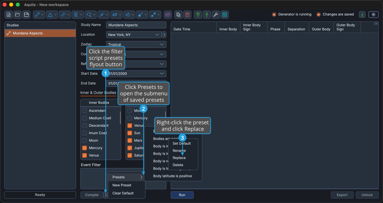 The saved-preset right-click context menu open, showing the Set Default, Rename, Replace, and Delete commands.