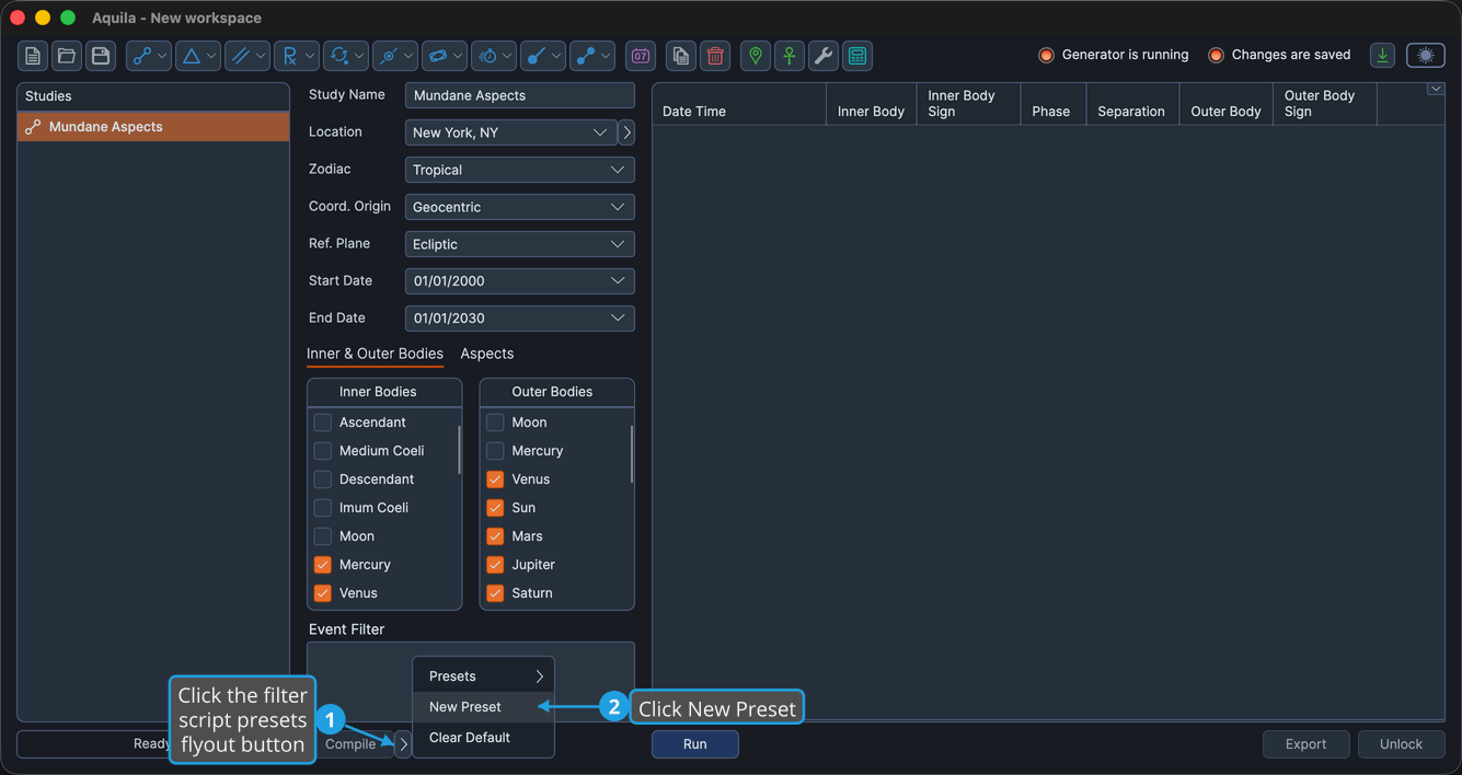 The filter script preset menu open showing the New Preset command.
