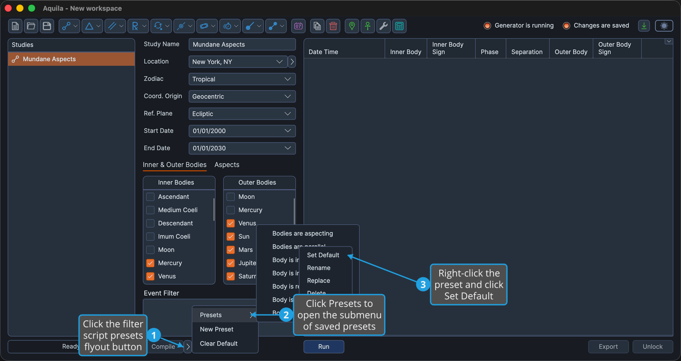 The saved-preset right-click context menu open, showing the Set Default, Rename, Replace, and Delete commands.