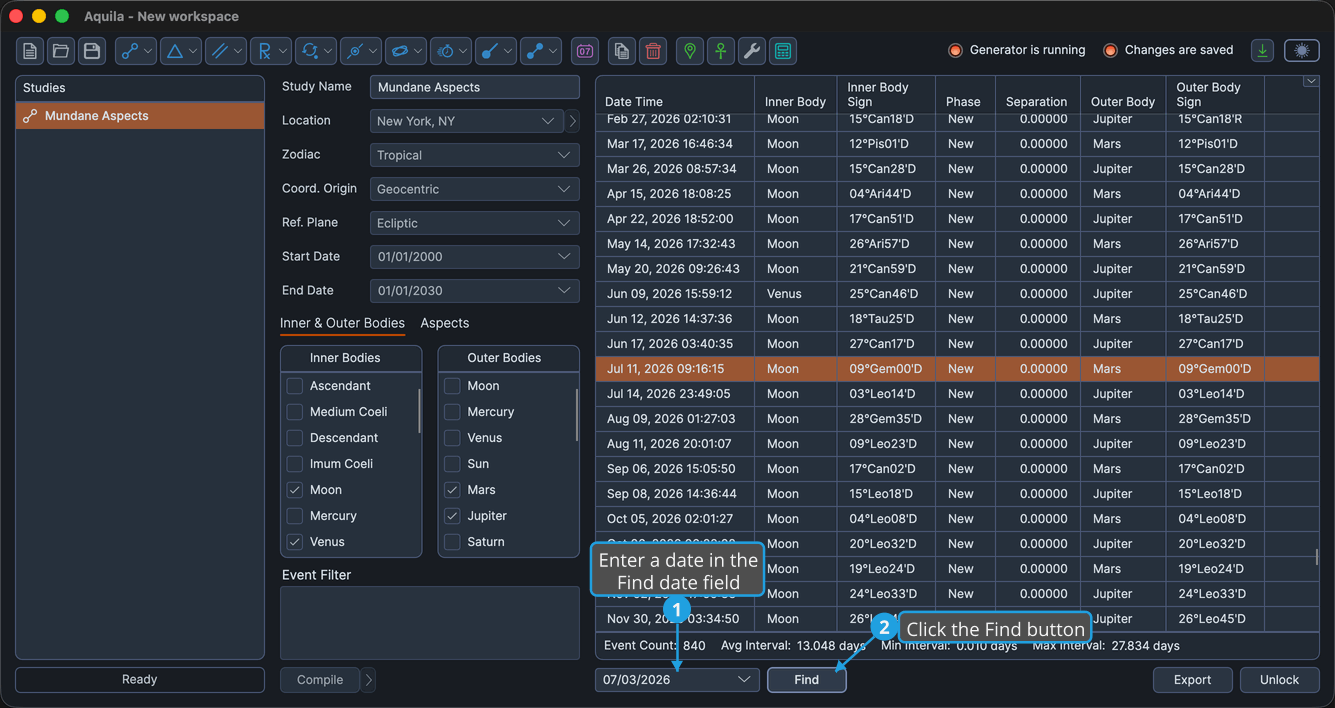 A populated events table with the Find date field and Find button visible after Find has been clicked.