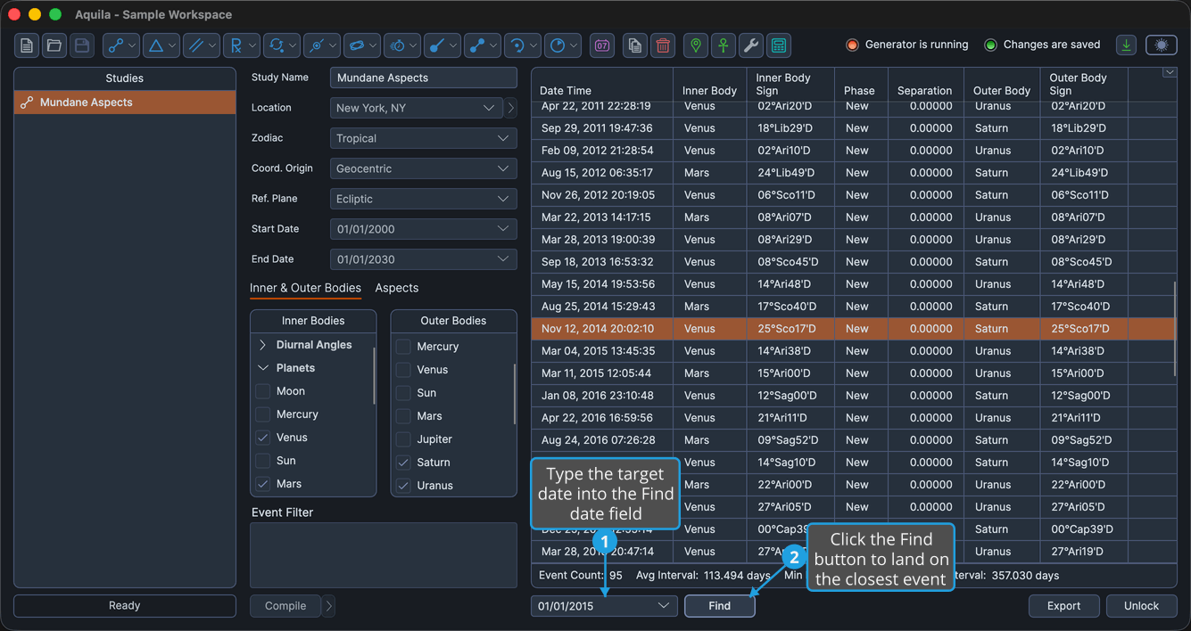 A locked study with a date typed into the Find date field and the Find button already clicked, so the events table has scrolled to the matching row and selected it.