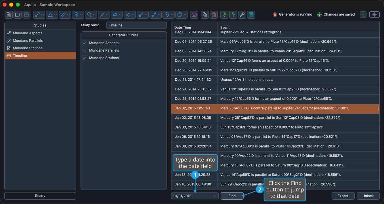 A loaded Timeline study with a date typed into the date field and the Find button already clicked, so the Timeline table has scrolled to the matching row.