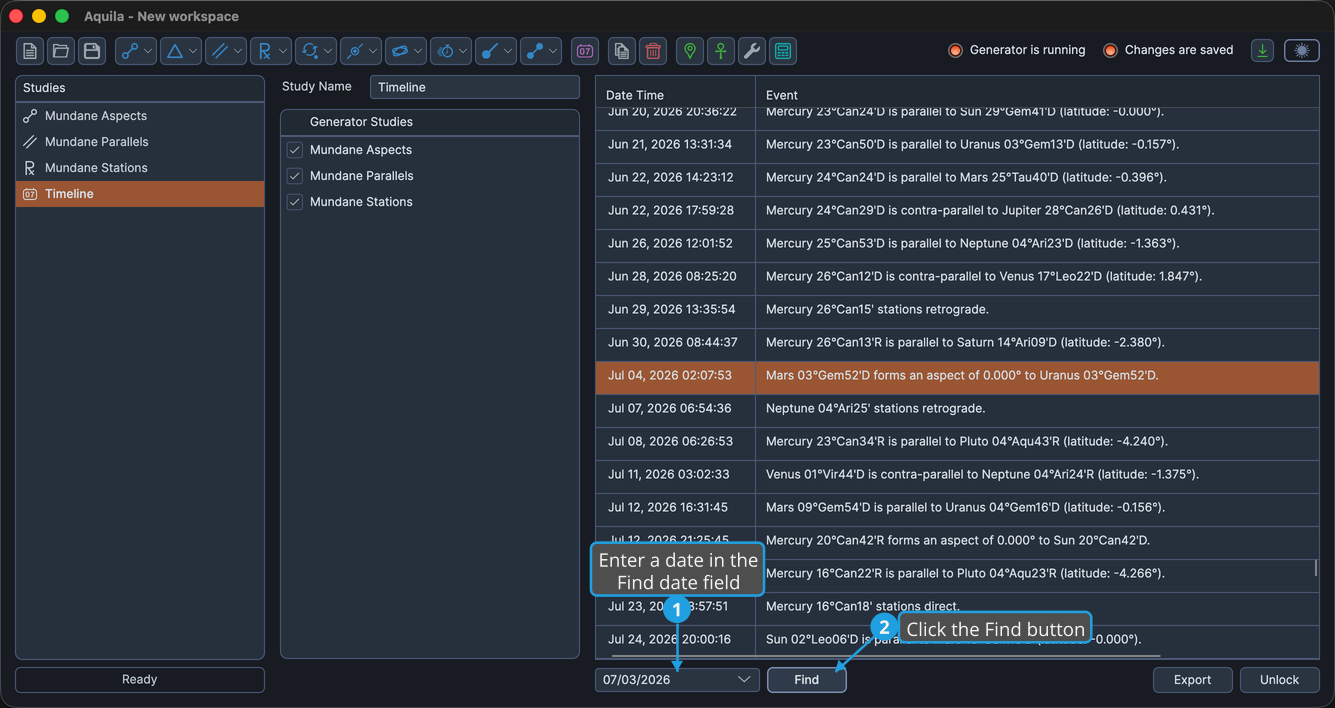 A loaded timeline table with the Find date field and Find button visible after Find has been clicked.