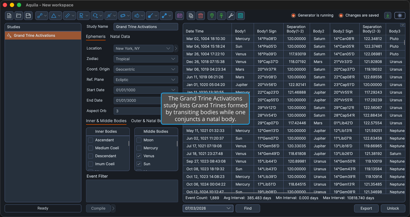 A Grand Trine Activations study with events generated and the events table populated.