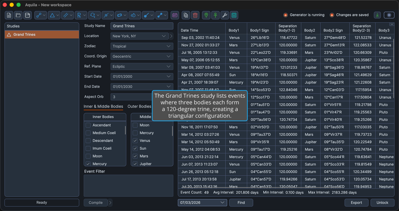 A Grand Trines study with events generated and the events table populated.