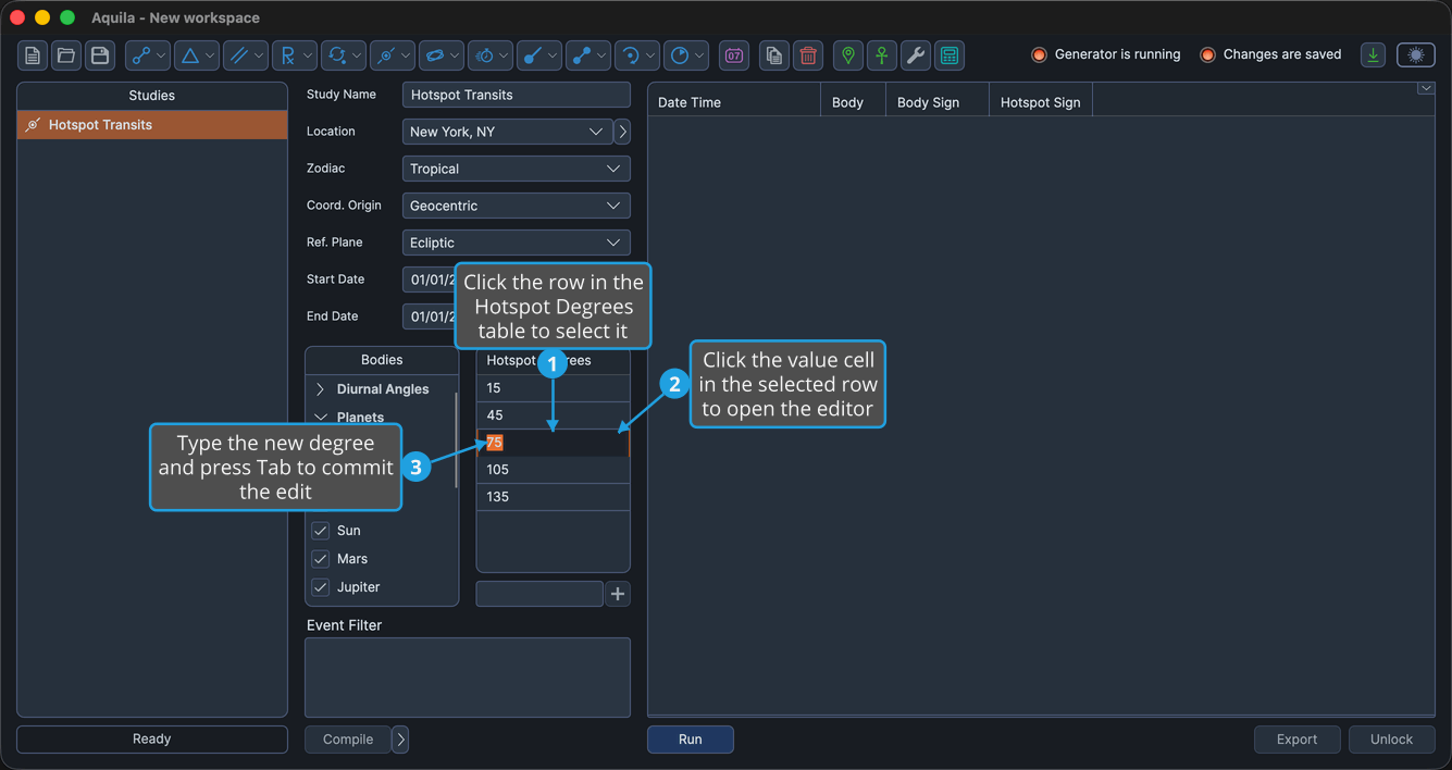 An unlocked Hotspot Transits study with a row selected in the Hotspot Degrees table and its value cell open for editing, the caret and focus border visible.
