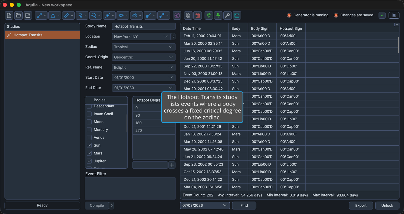 A Hotspot Transits study with events generated and the events table populated.