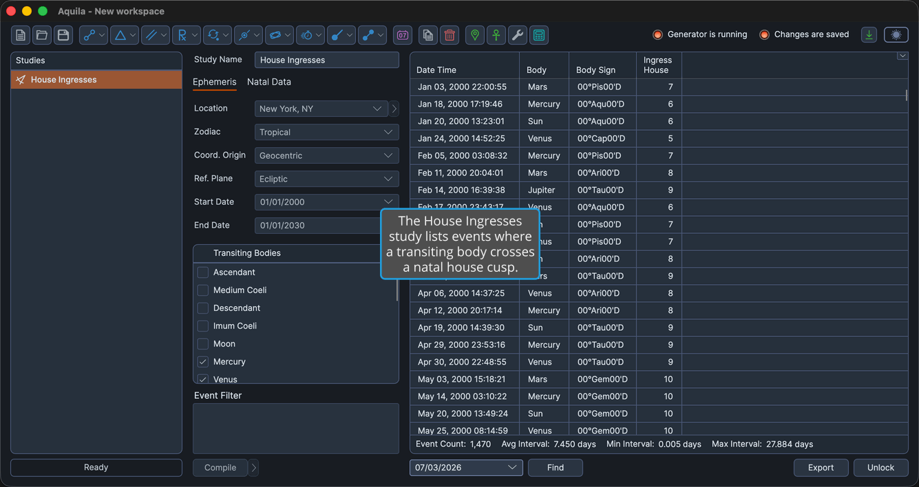 A House Ingresses study with events generated and the events table populated.