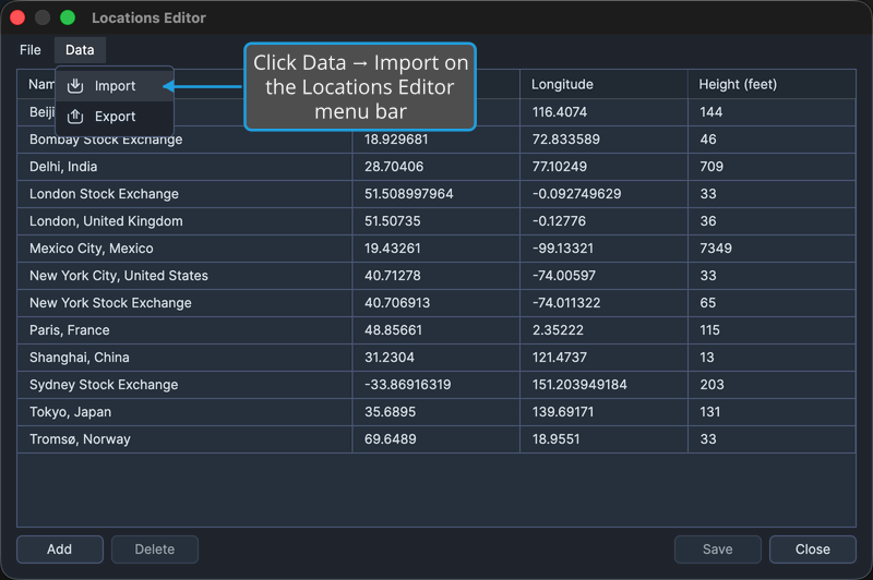 The Locations Editor window with its Data menu open above the table.