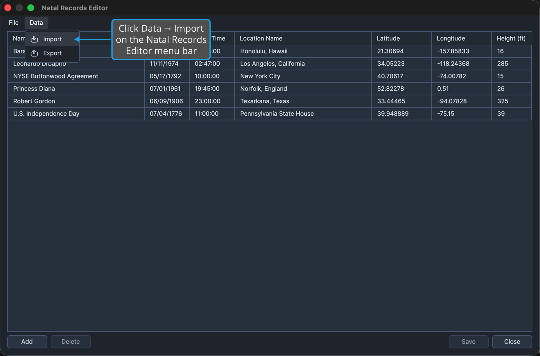 The Natal Records Editor window with its Data menu open above the table.