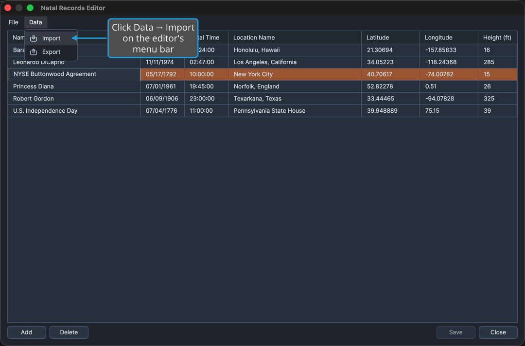 The Natal Records Editor with its Data menu open, showing the Import command.