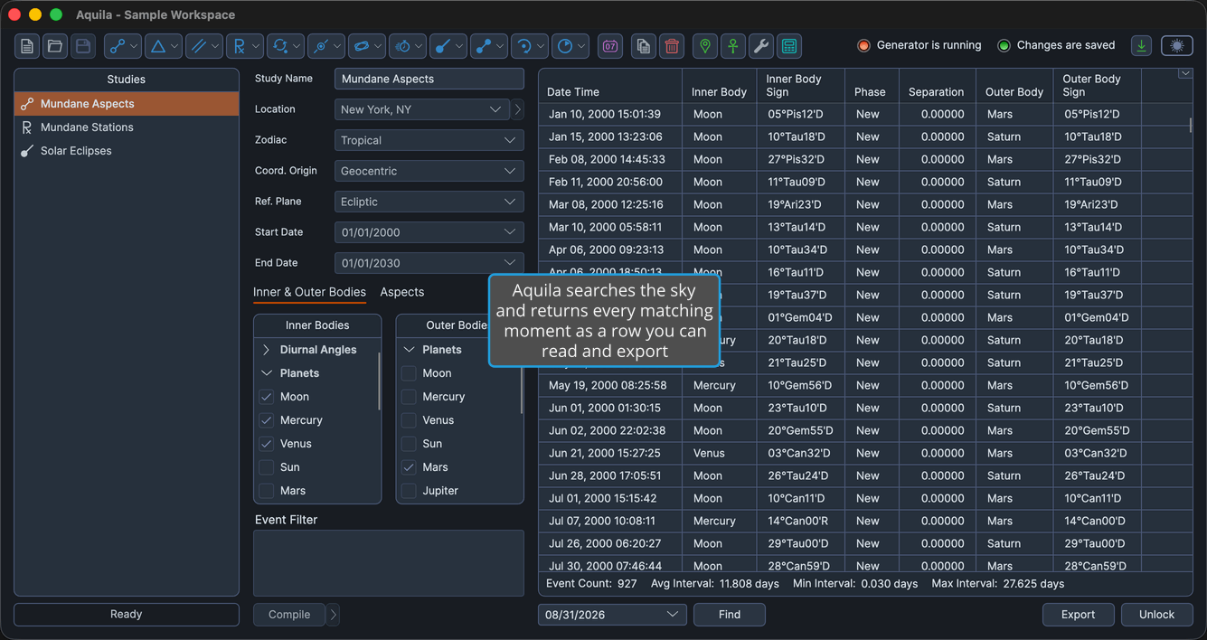 The Aquila main window with a workspace of several studies open and a generator study selected, its events table populated.