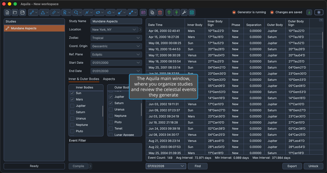 The Aquila main window with a study open and its events table populated.
