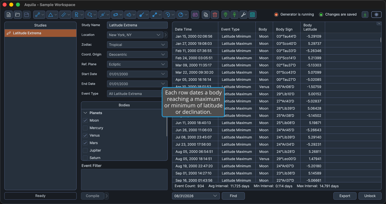 The Latitude Extrema Study selected in the Studies list with its events generated over at least a 5-year date range.