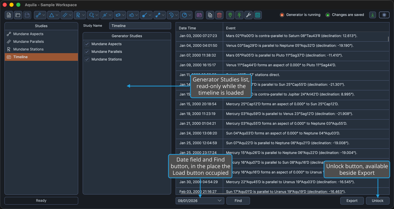 A loaded Timeline study, its table filled with merged events.