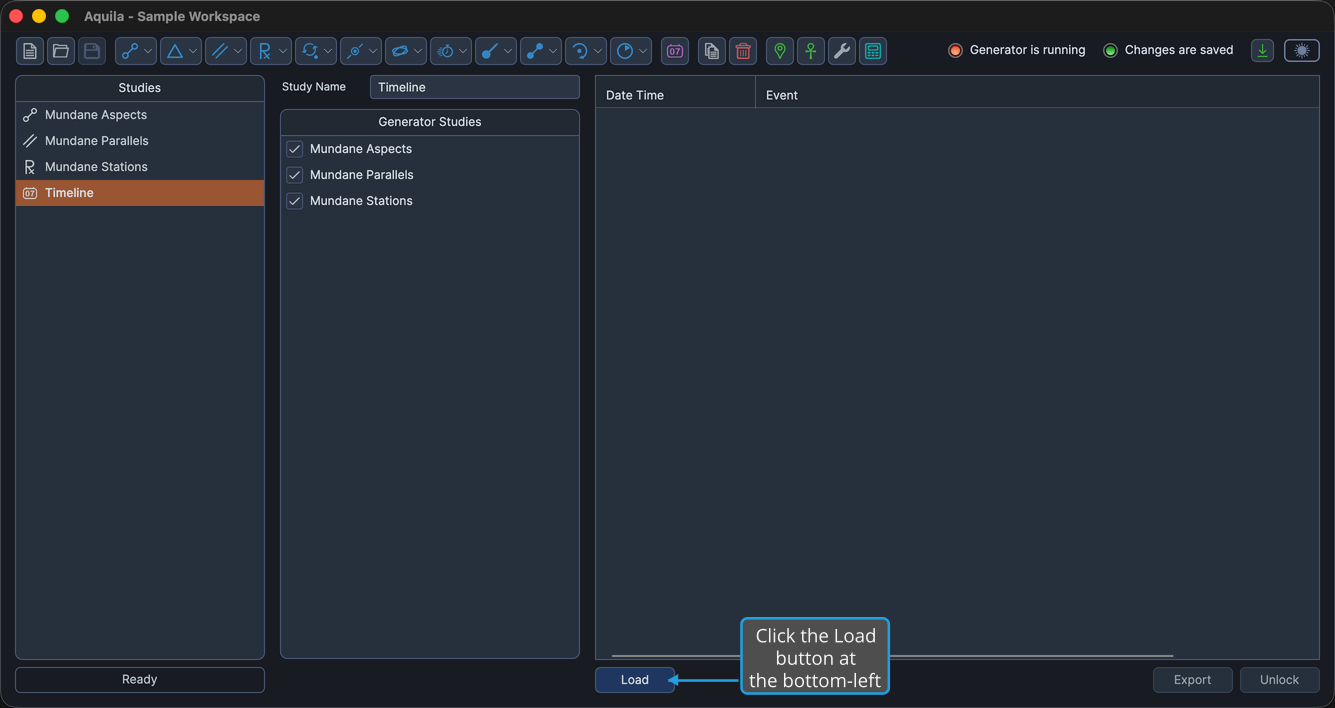 An unlocked Timeline study with at least one source study checked in the Generator Studies list and the Timeline table still empty.