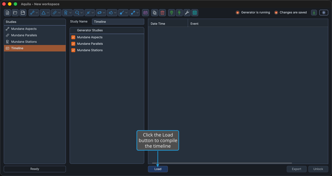 A Timeline Study with source studies checked in the Generator Studies list, showing the Load button.