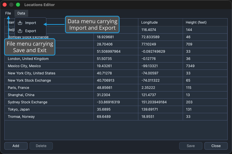 The Locations Editor window with its own Data menu open above the table, showing Import and Export.