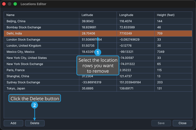 The Locations Editor with one or more rows selected.