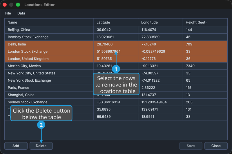 The Locations Editor window with two or three rows selected in the Locations table.
