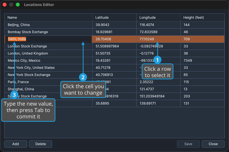 The Locations Editor with the third row selected and a cell open for editing.