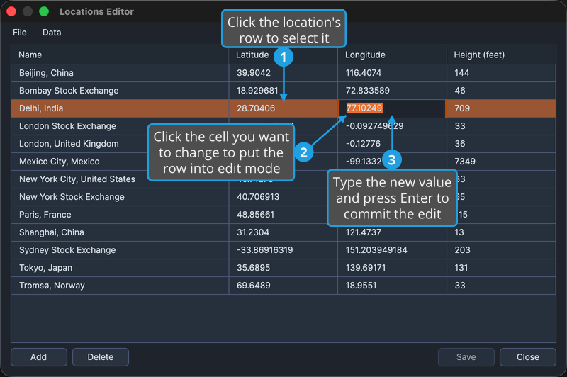 The Locations Editor window with the third row from the top selected and a cell in one of the middle columns of that row open for editing.