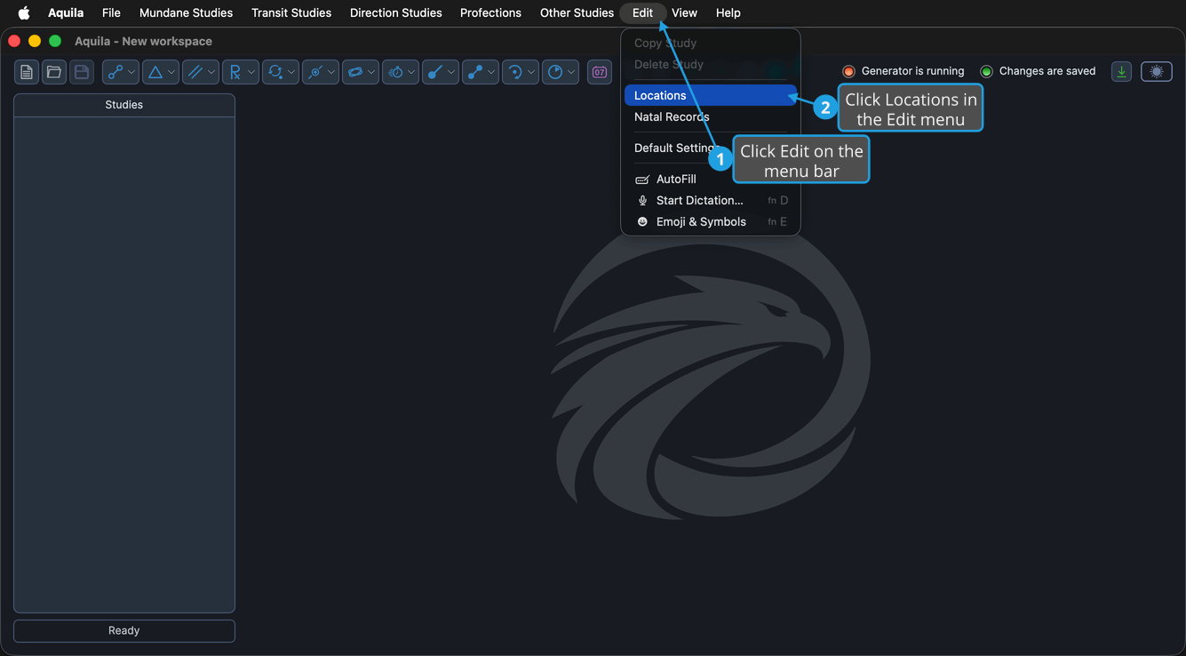 The Edit menu dropped open in the macOS menu bar, with Locations highlighted.