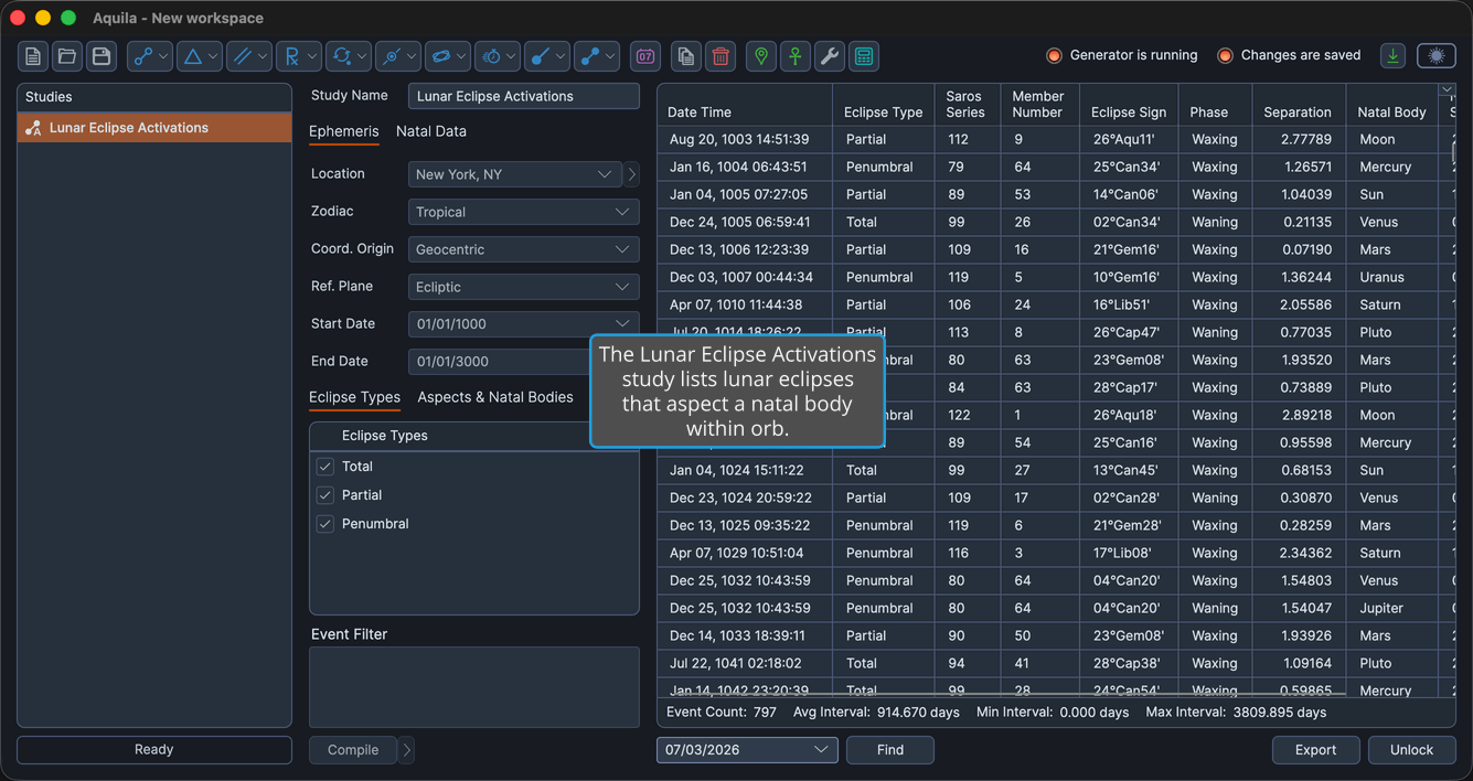 A Lunar Eclipse Activations study with events generated and the events table populated.