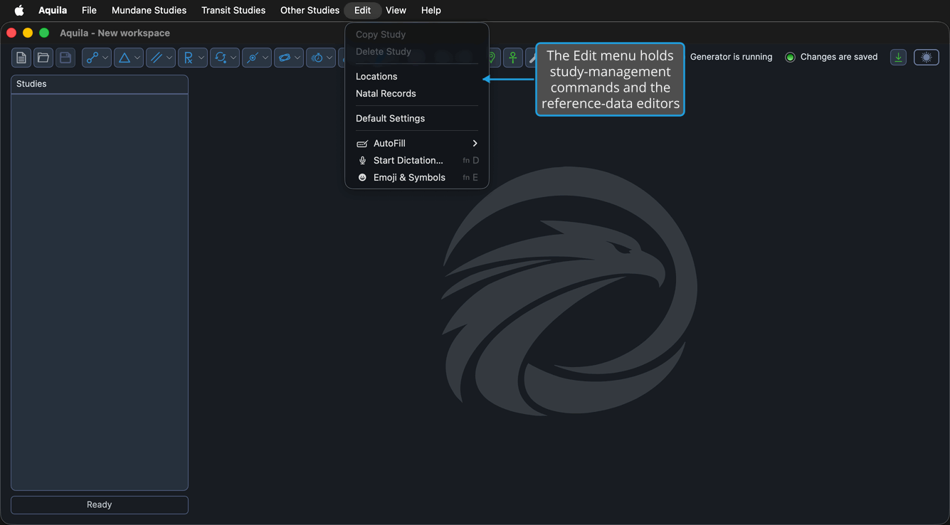 The Edit menu open, showing its study-management and editor commands.